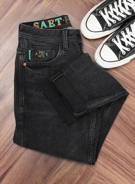 Cloud轻奢2号店秋冬男士抓绒牛仔裤加绒保暖水洗黑灰色修身小直筒