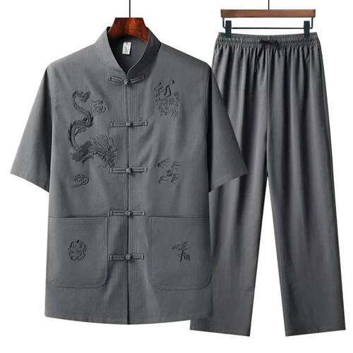 方元名品3夏季中国风唐装套装短袖宽松爸爸装爷爷装大码父亲节
