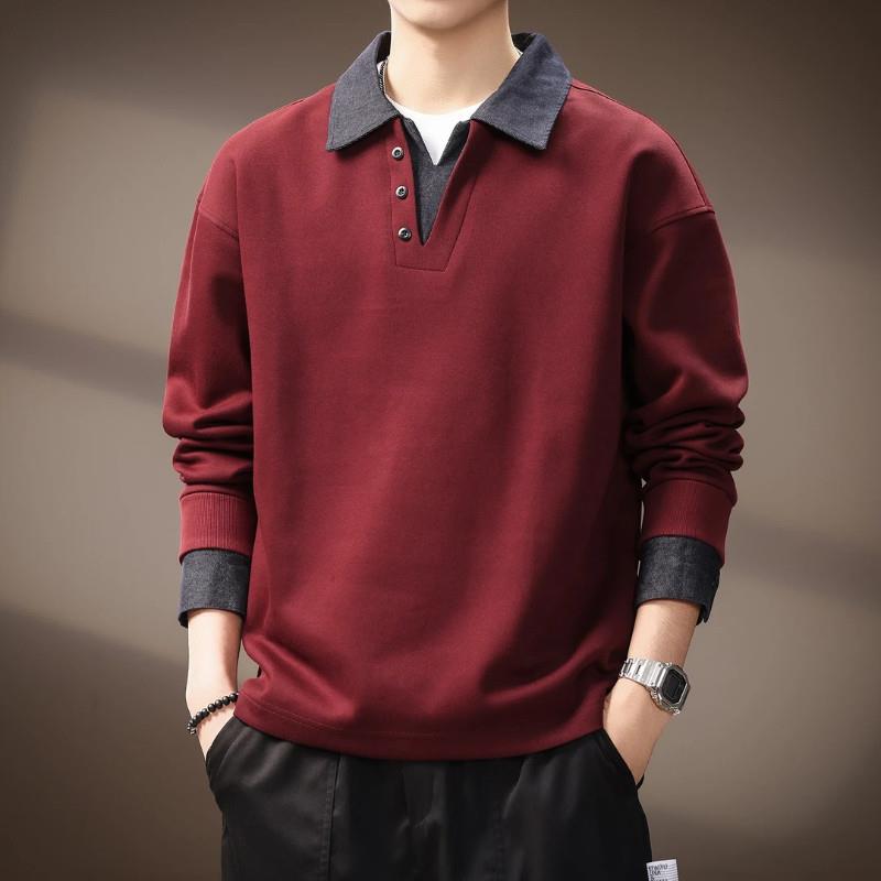 UPURA高端假两件撞色拼接重磅yg牛仔Polo衫男秋季美式复古卫衣