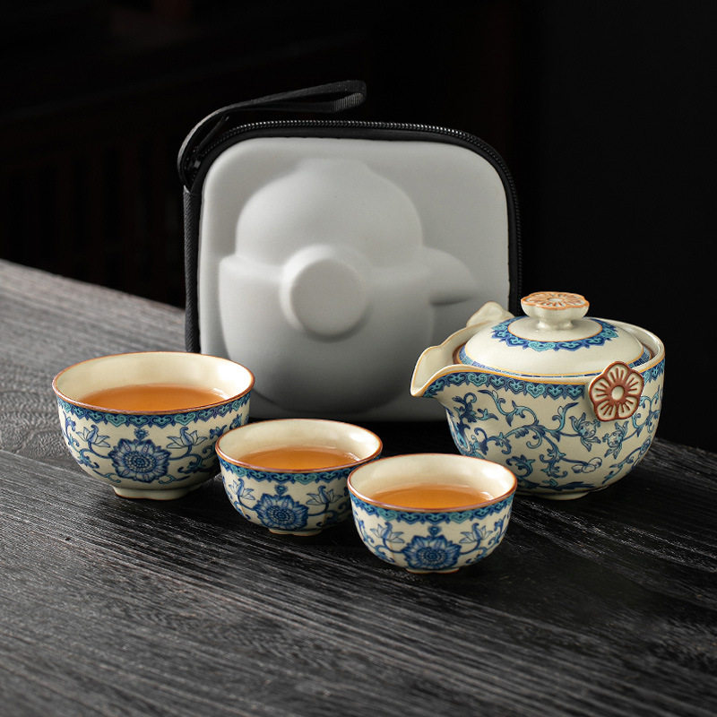 汝窑便携式旅行茶具套装简易户外手抓泡茶壶茶杯青花瓷露营快客杯