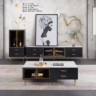 轻奢钛金四高脚岩板茶几电视柜玻璃门多抽屉视听柜酒柜餐边柜组合