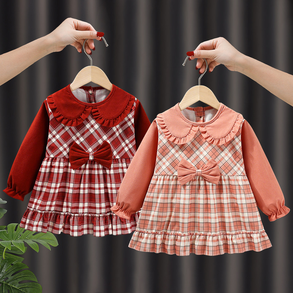 千鸟格女宝宝罩衣儿童围裙秋冬防水防脏婴幼儿吃饭围兜反穿衣围裙