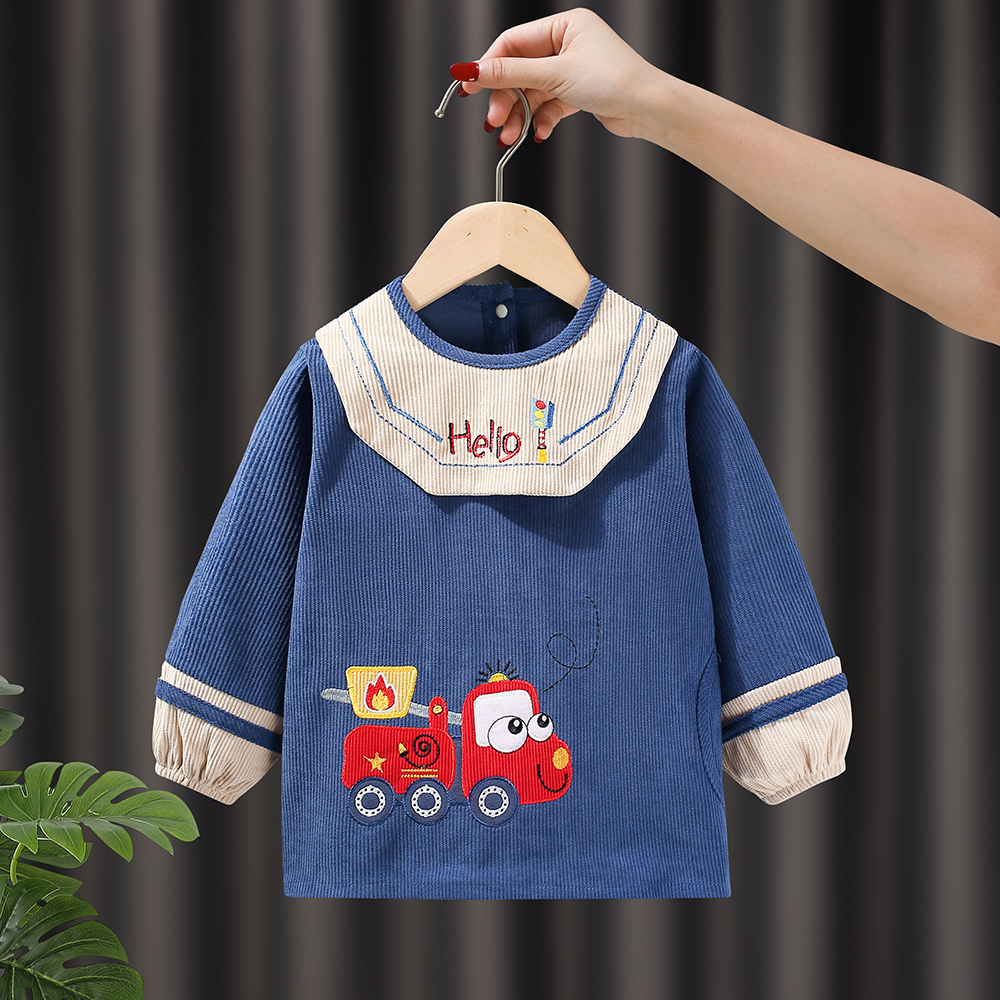 灯芯绒儿童罩衣宝宝吃饭围兜秋冬防水防脏男童反穿衣婴儿护衣围裙