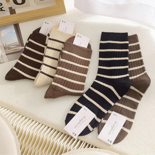 纯棉袜子女款中筒袜秋冬季防臭吸汗加厚保暖美拉德条纹无骨长筒袜
