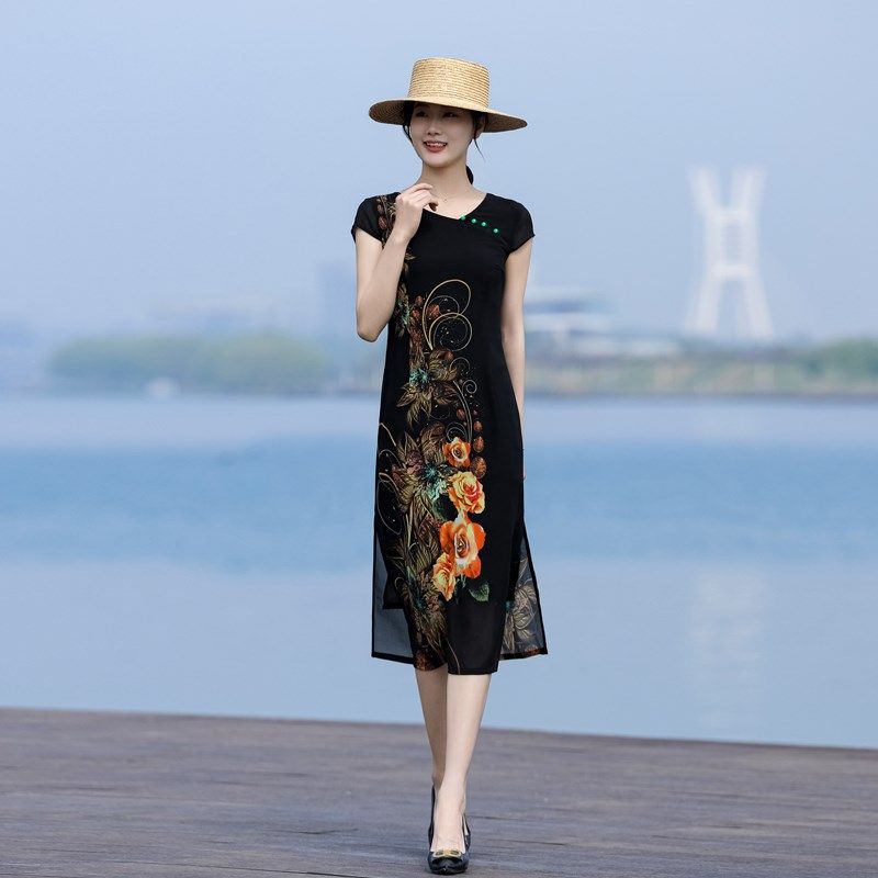 新式复古改良旗袍连衣裙女2024年夏季新款收腰显瘦雪纺国风中长裙,女装/女士精品,连衣裙,淘宝优惠券,粉丝福利购,淘宝优惠卷