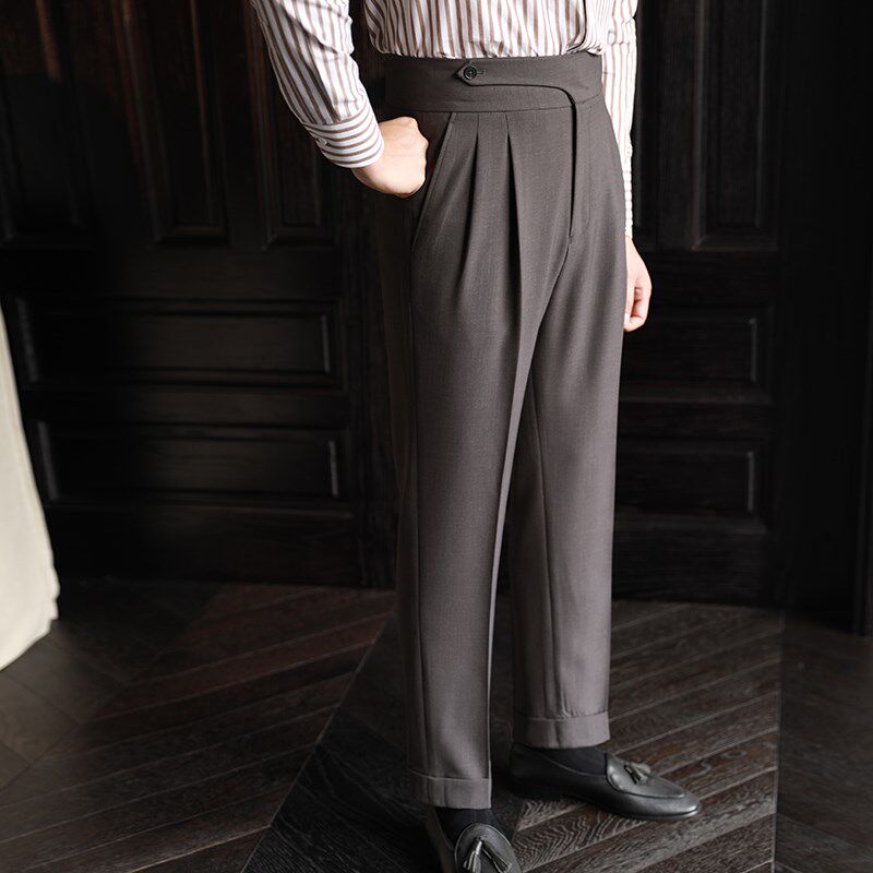 休闲高腰直筒西裤男秋季商务免熨烫弹性长裤那不勒斯灰色垂感西装