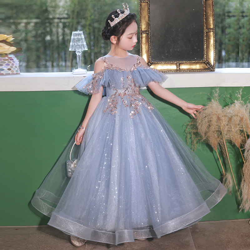女童礼服儿童生日公主裙蓝色高端花童小女孩主持人钢琴比赛演出服