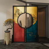 新中式 饰玄关圆形镂空隔断座屏祥云 实木移动布艺屏风客厅装