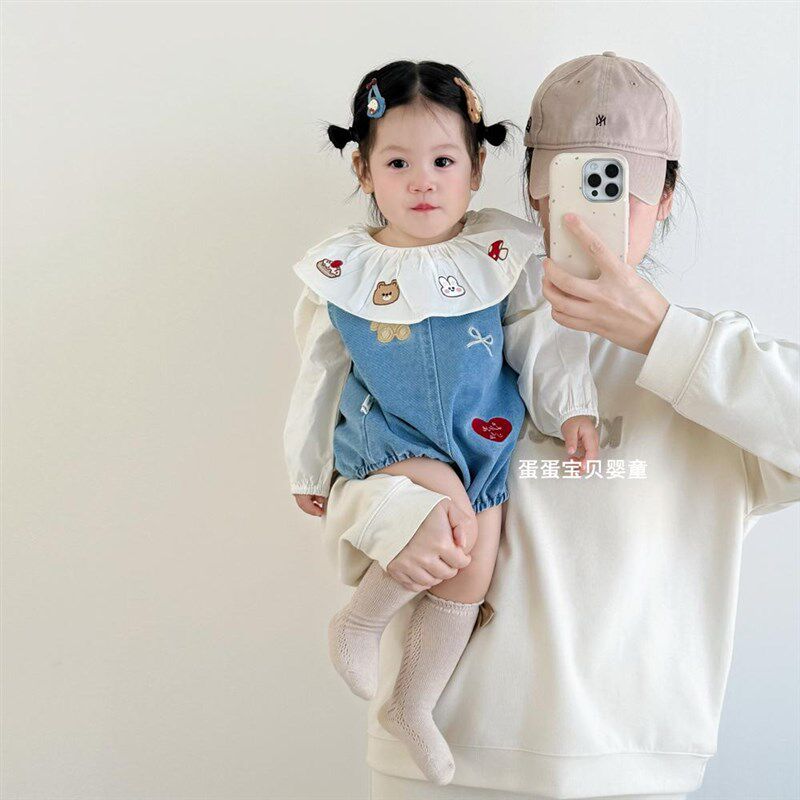婴儿衣服超萌包屁背带裤女宝宝春装牛仔洋气幼儿连体两件套装春季