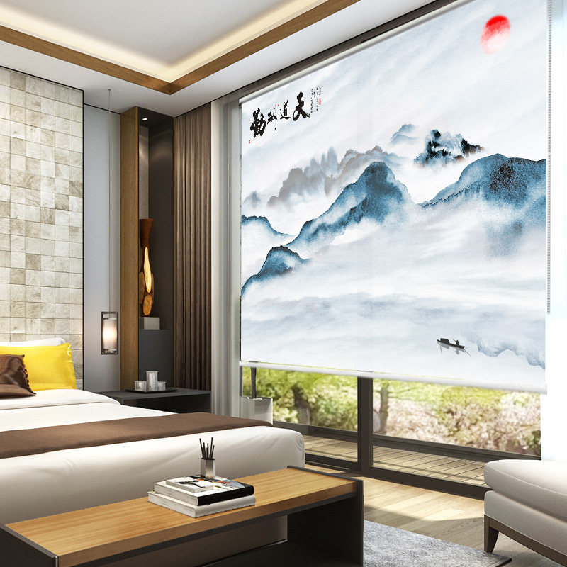 卷帘窗帘定制新中式山水风景字画全遮光办公室客厅卧室卷拉式挡帘