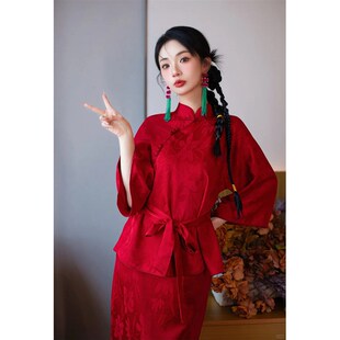 新中式改良旗袍新娘晨袍酒红色复古中国风敬酒服订婚礼服两件套装