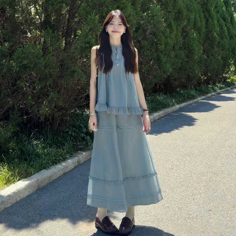 蓝色花边无袖背心上衣+半身裙套装女夏季新款小个子中长裙两件套