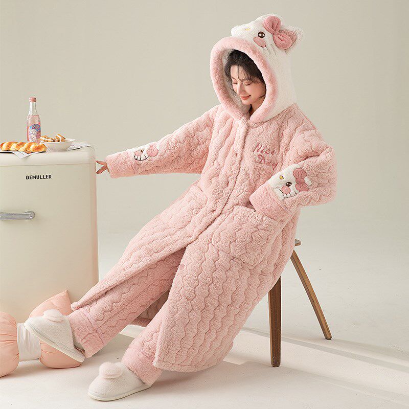 秋冬季睡袍女款三层加厚夹棉法兰绒睡衣新款珊瑚绒女士大码家居服