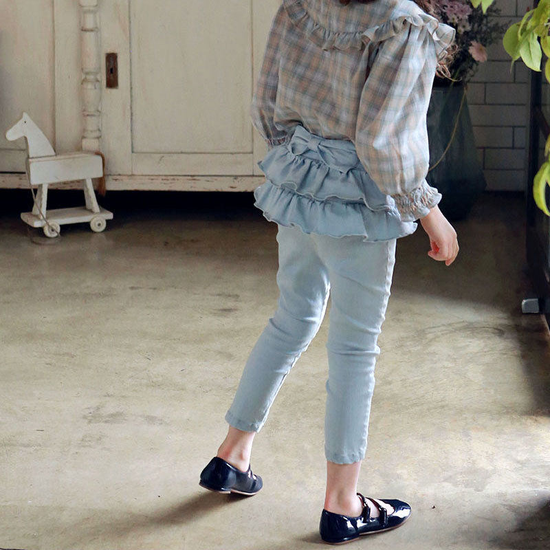 2021春秋款女童洋气木耳边牛仔裤荷叶边蝴蝶结裙裤宝宝纯棉小脚裤