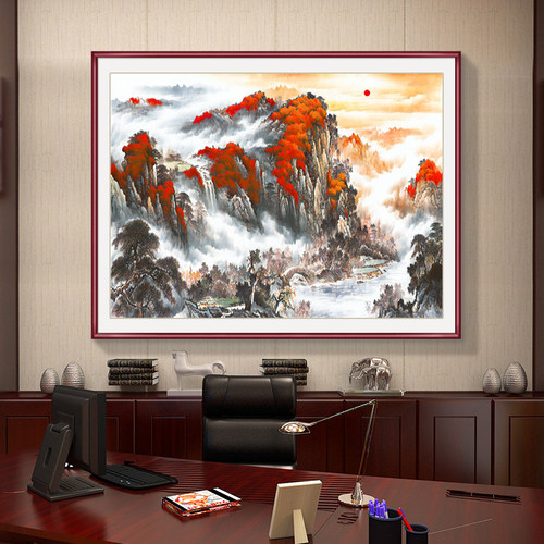 聚宝盆山水画招财办公室装饰画旭日东升挂画新中式客厅靠山图国画