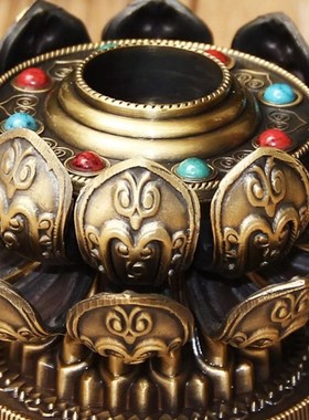 藏传八吉祥手摇转动铜底座合金莲花手摇底座藏族底座摆件3色可选