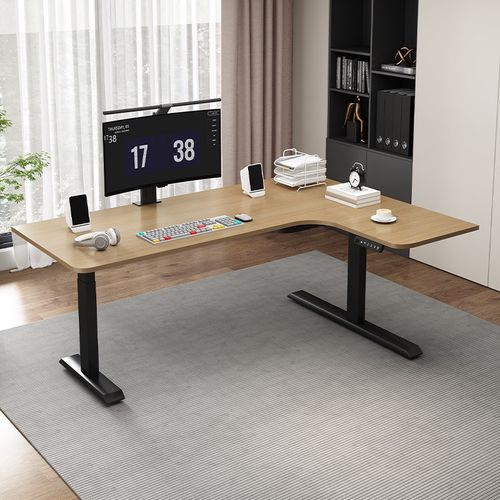 转角电动升降桌实木家用办公桌学习书桌L型工作台拐角升降电脑桌