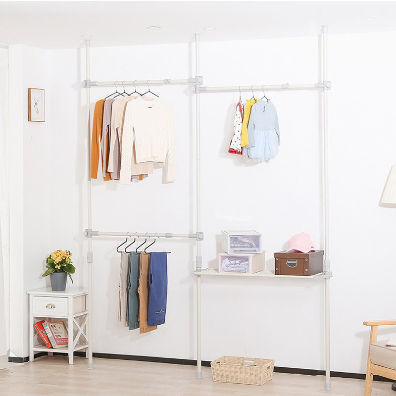 顶天立地衣帽架韩式晾衣架卧室上下层单杆阳台多功能伸缩挂衣架子