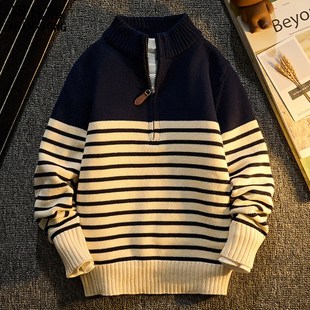 男童纯棉毛衣秋冬2024新款条纹针织衫冬季加厚加绒儿童长袖打底衫