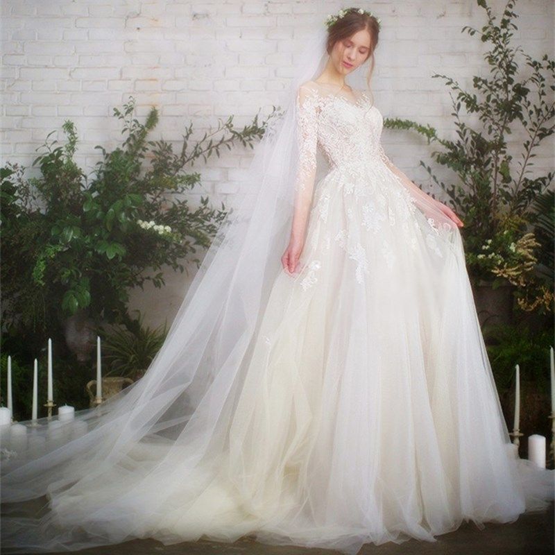 【白小仙】主婚纱2024新款森系长袖齐地新娘结婚礼服轻婚纱拖尾秋