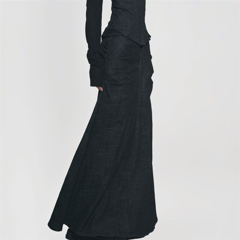 AXIS OF 复古设计感褶皱气质蓝色长款牛仔裙女夏季修身黑色半身裙