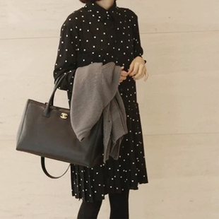 韩国新款2021秋装新款波点百褶雪纺连衣裙女 宽松大码秋冬打底裙