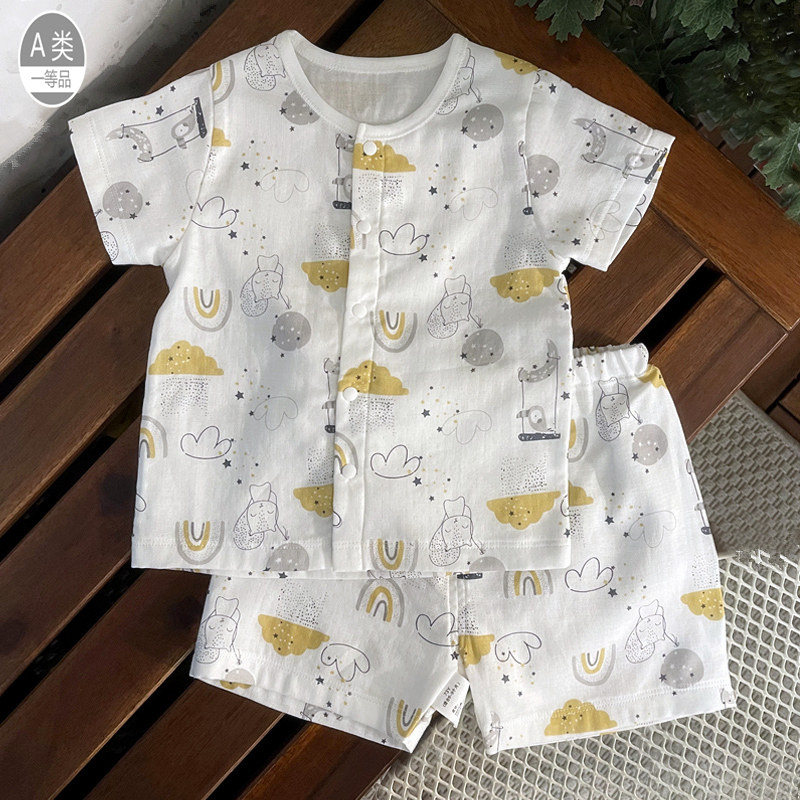 夏季薄款男女宝宝睡衣短袖短裤套装儿童纯棉纱布透气婴儿空调衣服