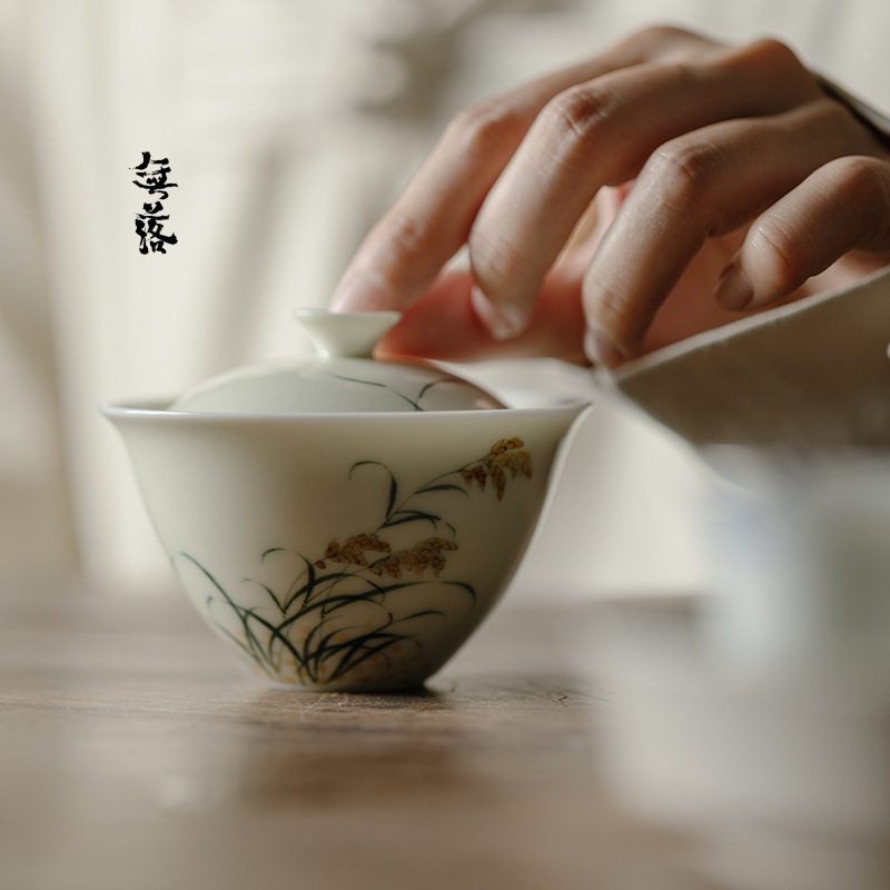 无落 釉下彩手绘麦穗盖碗手工陶瓷薄胎泡茶碗茶杯不烫手茶碗功夫