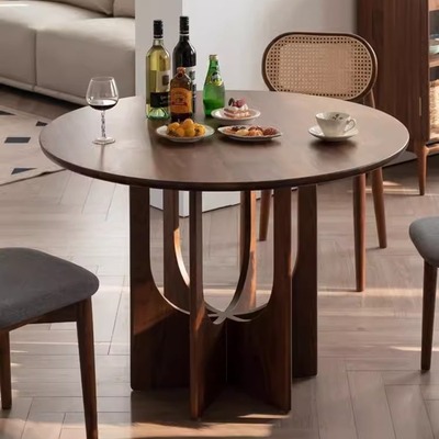 北欧实木餐桌家用小户型黑胡桃木吃饭桌子复古圆桌白蜡木圆形饭桌