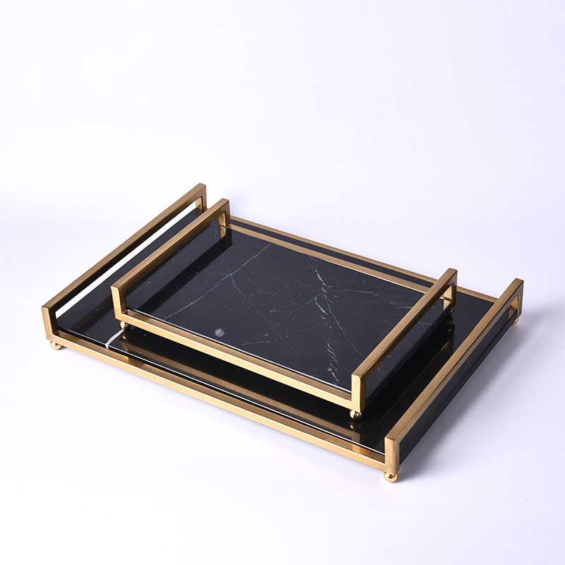 现代简约黑色大理石托盘创意家居摆件样板房售楼部酒店茶几餐桌