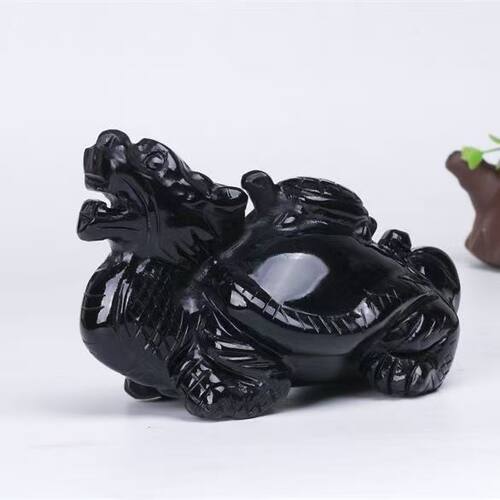 天然黑墨玉龙龟摆件黑玉龙龟母子龟玄关客厅书房工艺品装饰补角品