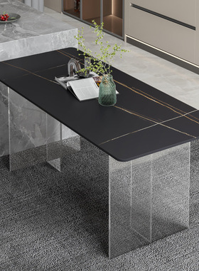 亚克力岩板餐桌极简悬浮餐桌设计师餐厅中岛台长方形透明桌脚饭桌