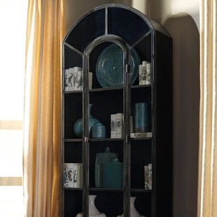 复古酒柜 饰法式 美式 轻奢实木书柜现代简约黑色拱形玻璃门展示柜装