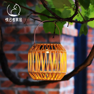 户外灯笼太阳能仿藤编挂灯庭院装饰风灯新中式复古麻绳吊灯氛围灯