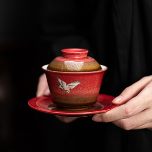 宫墙红瑞鹤呈祥盖碗茶杯三才功夫泡茶碗单带盖家用陶瓷不烫手茶具