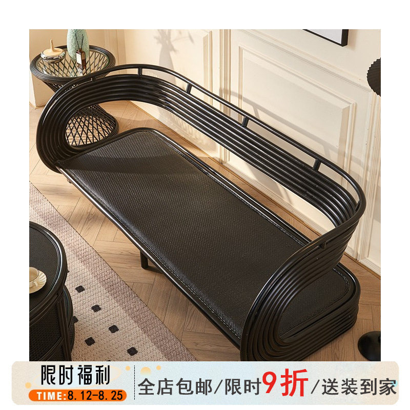 法式复古风藤三人位沙发家用客厅小户型黑色藤编布艺坐垫直排沙发