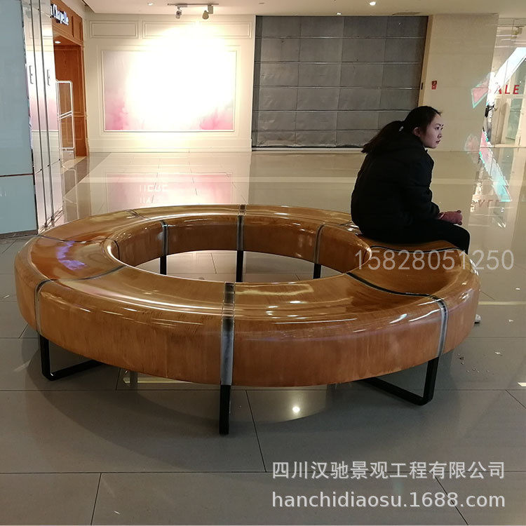 玻璃钢商场树池休闲椅室内简约美陈拼接座椅仿木纹圆形休息椅