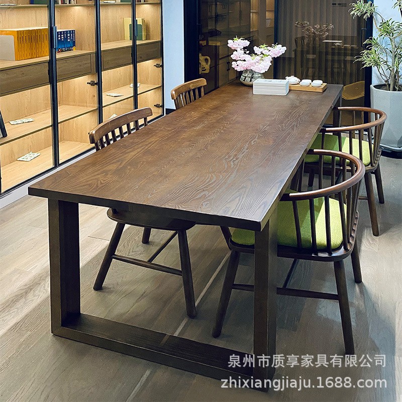 中古风原木餐桌书桌一体两用客厅大长桌黑胡桃色2米长实木吃饭桌