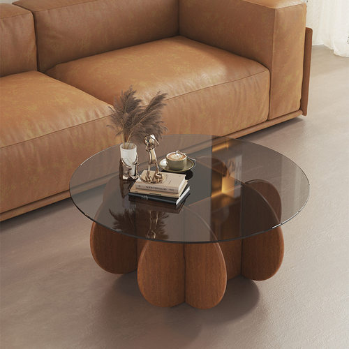 北欧小户型简约茶几轻奢现代客厅家用创意网红圆形玻璃实木茶几