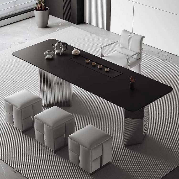 轻奢茶桌椅组合现代简约家用办公室茶台意式别墅岩板茶盘茶桌一体