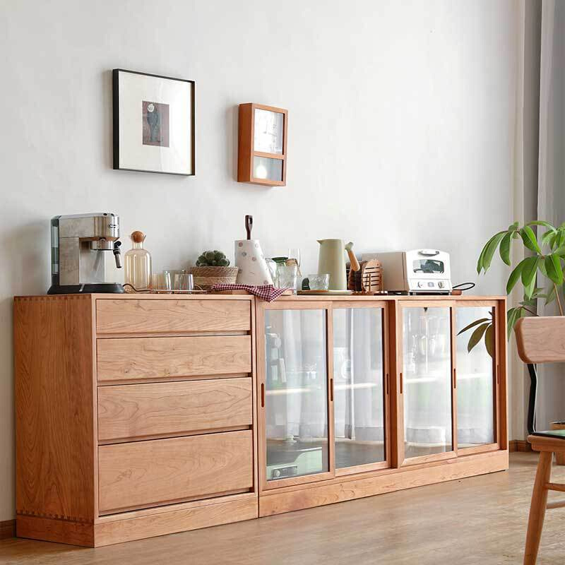 北欧实木玻璃储物柜樱桃木收纳茶水柜日式原木简约餐边柜