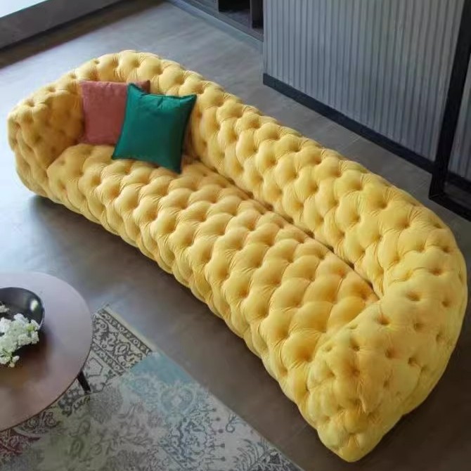 美式设计师布艺弧形拉扣多人沙发
