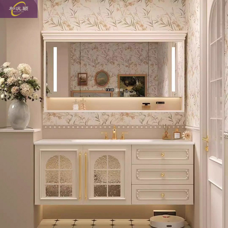 岩板无缝浴室柜法式奶油风浴室柜组合卫生间陶瓷一体盆橡木洗漱台