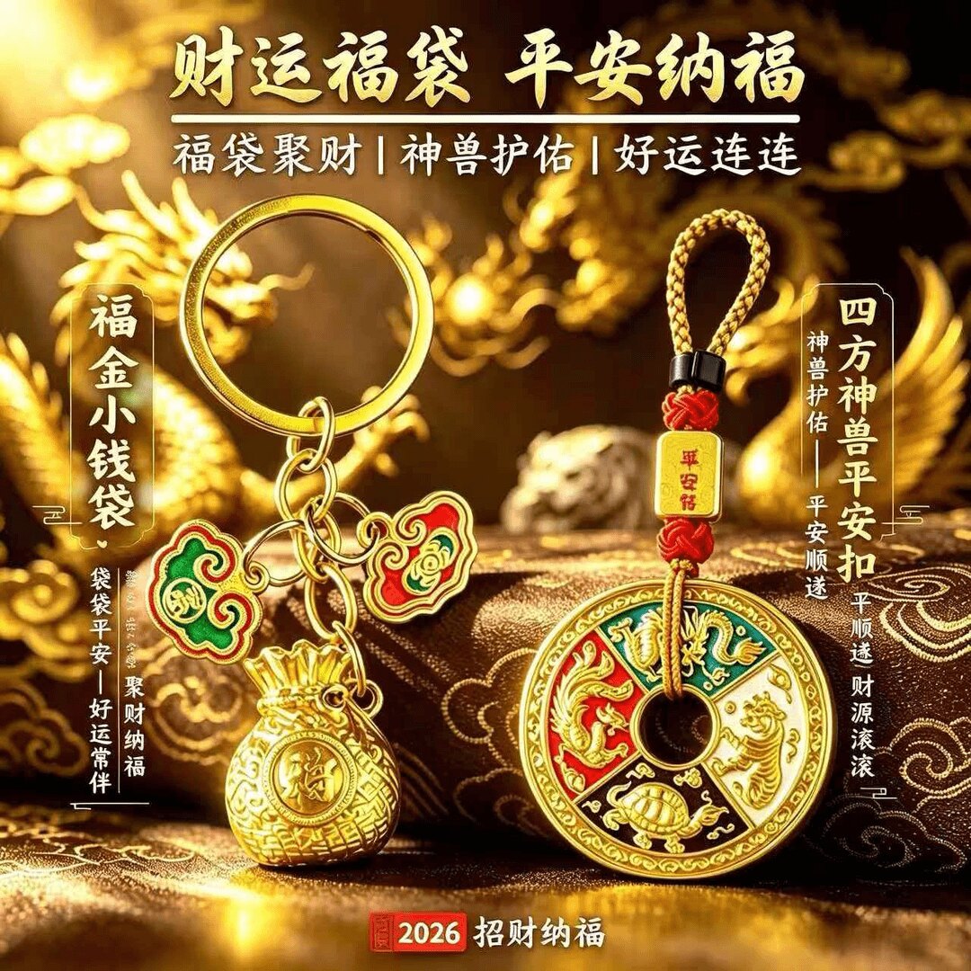 新款推荐福全财满钱袋子袋袋聚财彩绘四方神兽钥匙扣挂件汽车用品