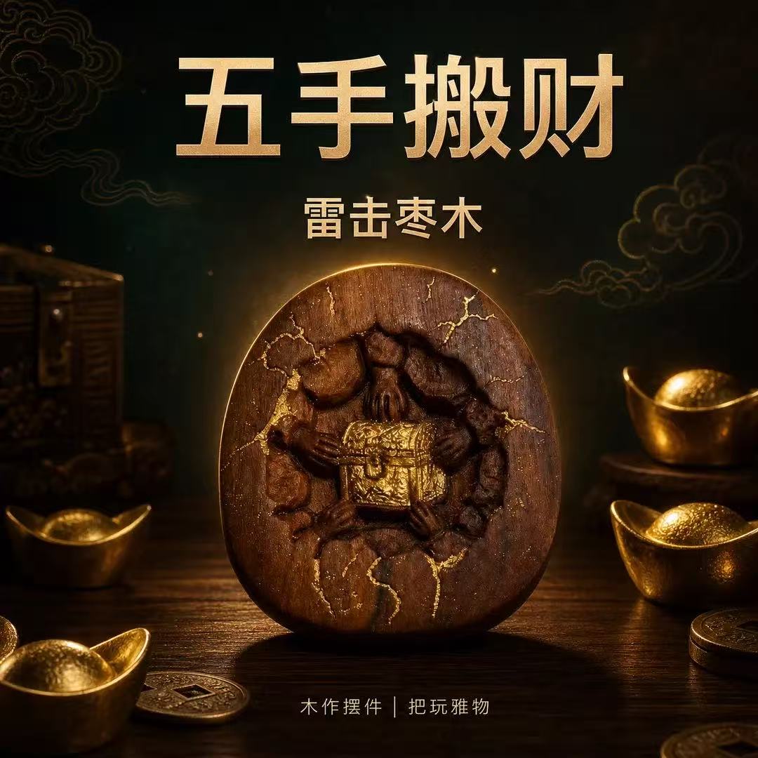 非金属木质吊坠 龙虎推荐【五手搬财】雷击枣木吊坠五手搬财挂件