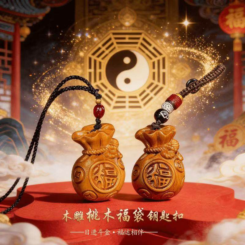 丙午马年.吉祥匠心之作桃木福禄钱袋子钥匙扣驾车个人用品