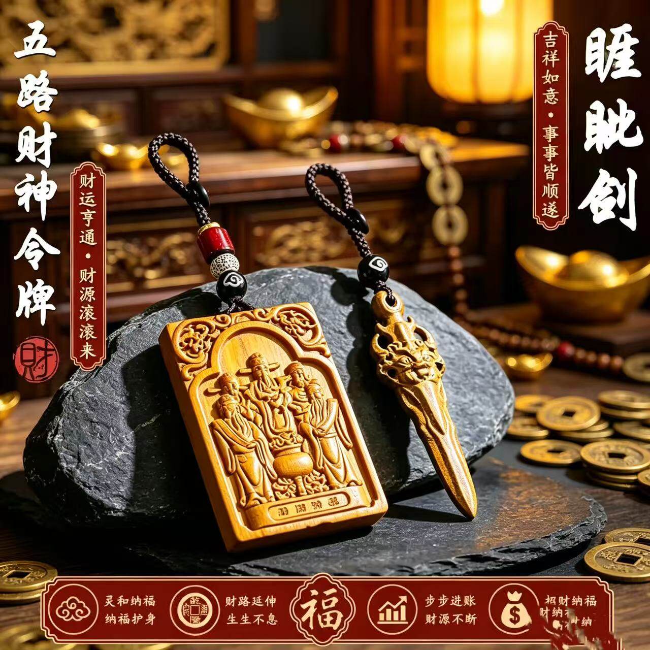臻品手作.桃木五路财神五谛睚眦剑钥匙扣挂件男女随身汽车挂件