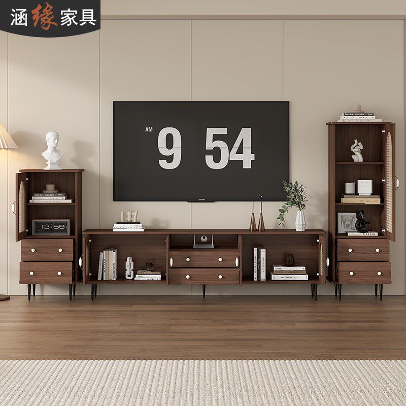 复古仿藤编电视柜中古客厅家用边柜电视机柜组合收纳储物柜7D116