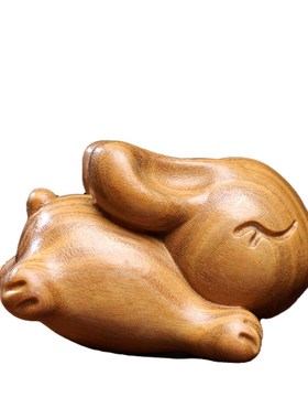 天然绿檀木奔跑兔生肖兔子小摆件手把件实木雕可爱萌兔子檀木摆件