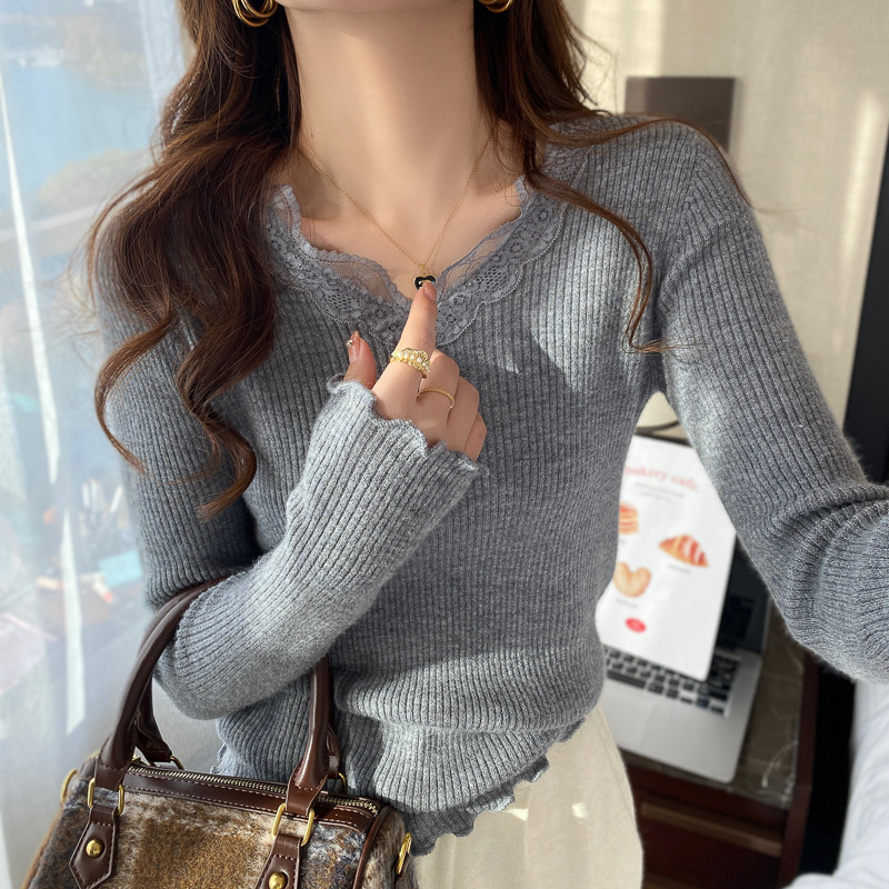 白色打底衫女2023秋冬新款高级感V领针织毛衣内搭木耳边蕾丝上衣,女装/女士精品,毛针织衫,淘宝优惠券,粉丝福利购,淘宝优惠卷